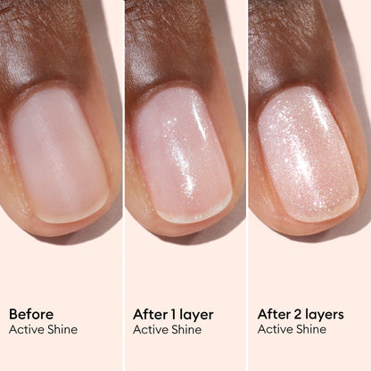 A three-panel image displays a nail before polish, after one coat of Manucurist Active™ Shine Opal (a pink shimmery plant-based nail polish), and after two coats—showing progressively more shine and sparkle. Text reads: Before, After 1 coat, and After 2 coats (Active™ Shine Opal)—for luminous nails that become stronger with mindful care.