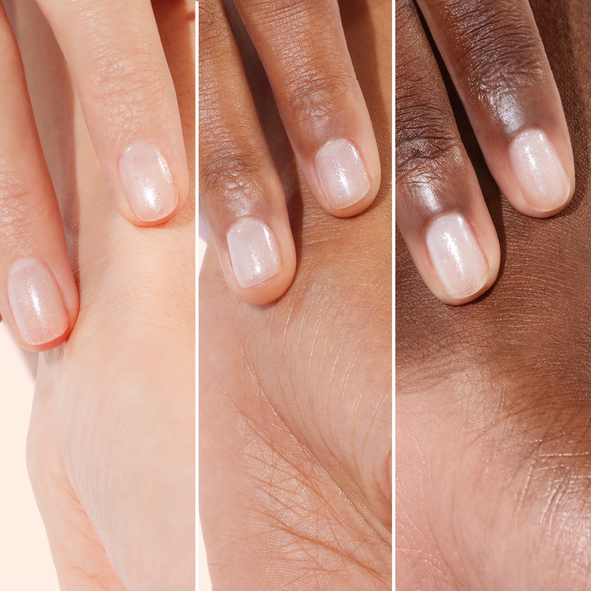 Close-up of three hands, each with a different skin tone, wearing Manucurist’s Active™ Shine Opal—a shimmery, pale pink plant-based nail polish—showcasing mindful nail care and celebrating diverse representation through a side-by-side nail color comparison.