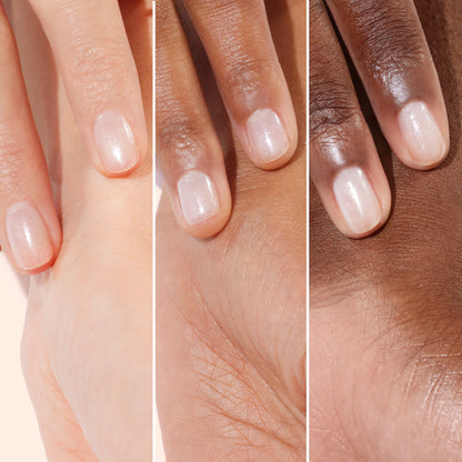 Close-up of three hands, each with a different skin tone, wearing Manucurist’s Active™ Shine Opal—a shimmery, pale pink plant-based nail polish—showcasing mindful nail care and celebrating diverse representation through a side-by-side nail color comparison.