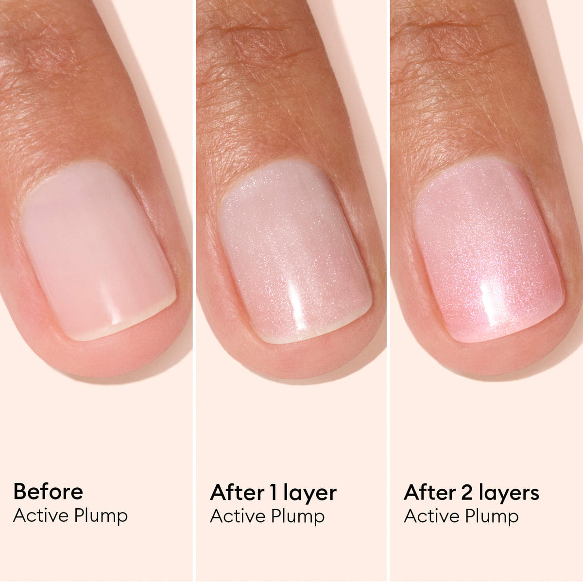 Trois gros plans d’un ongle : nu (avant), avec une couche de Manucurist Active™ Plump Pink Glazed — un vernis pâle scintillant — et avec deux couches pour un fini plus opaque et brillant. Chaque étape est légendée pour mettre en avant les bienfaits du soin des ongles à base de plantes, laissant les ongles visiblement plus sains et hydratés.