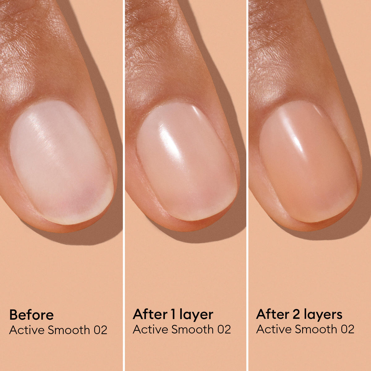 Three side-by-side images of a fingernail show: the bare nail (before), the nail after one layer of Manucurist Active™ Smooth 02, and the nail with two layers applied. Each stage is labeled Active™ Smooth 02 to highlight the transformation and benefits of this advanced Manucurist nail care treatment.