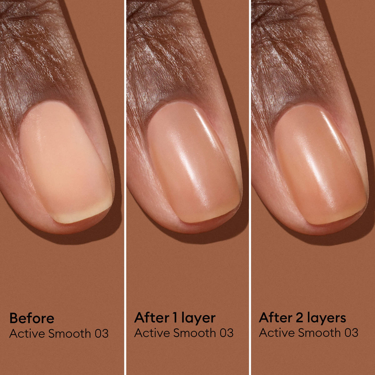 A close-up shows a fingernail before, after one layer, and after two layers of Manucurist&