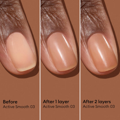 A close-up shows a fingernail before, after one layer, and after two layers of Manucurist&