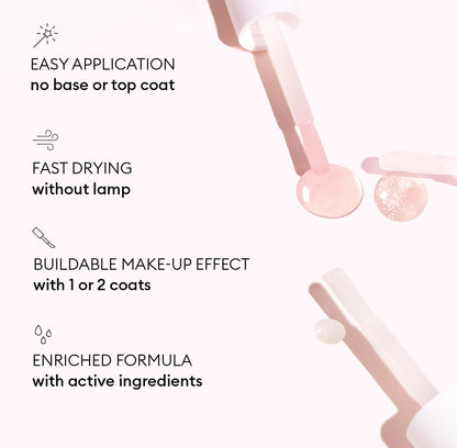 Active™ Shine Opal by Manucurist: Open nail polish bottles with brush and drops beside text—Easy application with no need for base or top coat; fast drying without a lamp; buildable make-up effect in 1 or 2 coats; enriched formula with active ingredients to strengthen nails and support your nail care routine.
