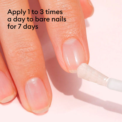 A bare-nailed hand is shown as Manucurist Nail Strengthening Serum is applied. Text: Apply 1 to 3 times daily to bare nails for 7 days for strong, healthy nails.