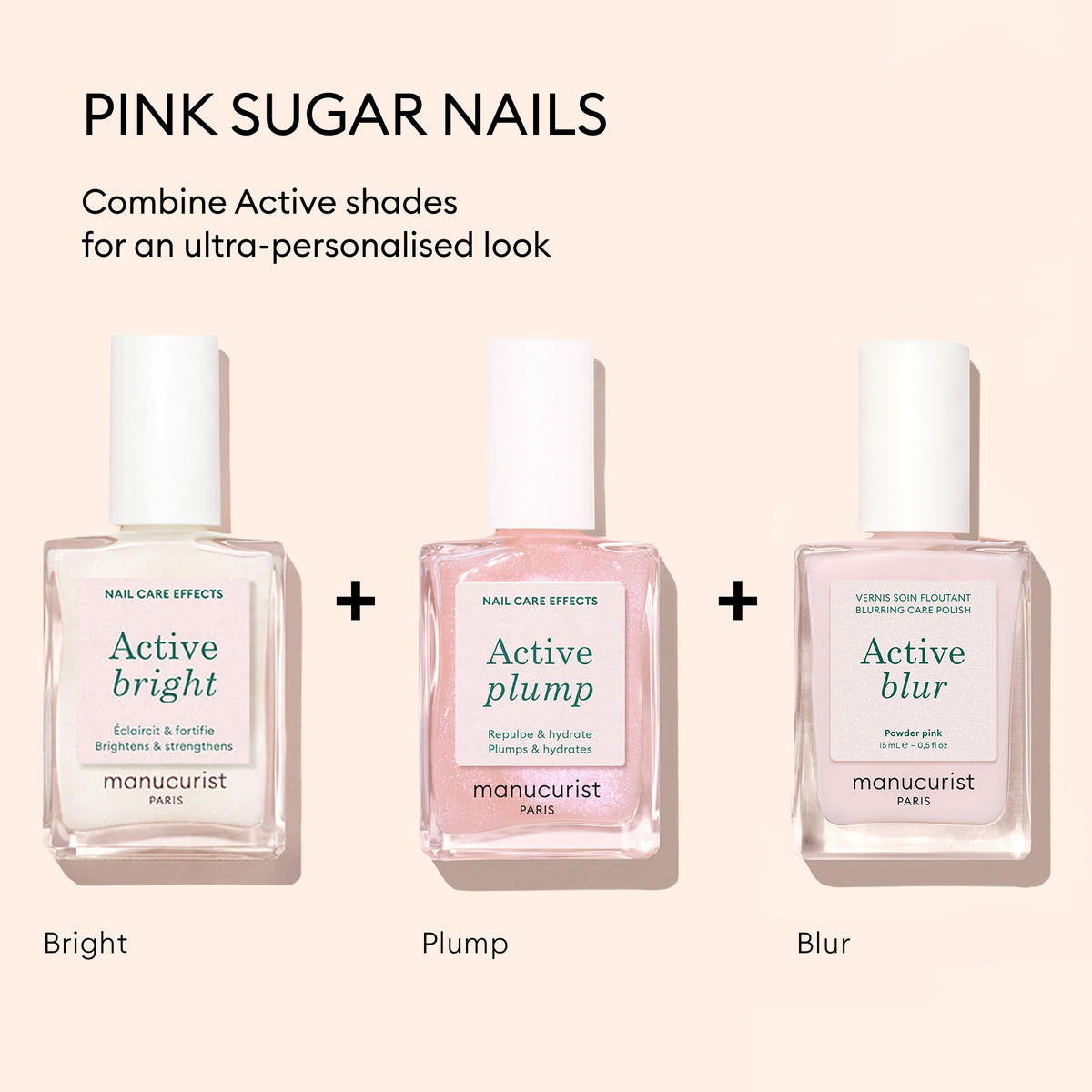 Three bottles from the Manucurist Customizable Active™ Trio are displayed on a beige background, with messaging highlighting Pink Sugar Nails and makeup-inspired effects for a personalized touch.