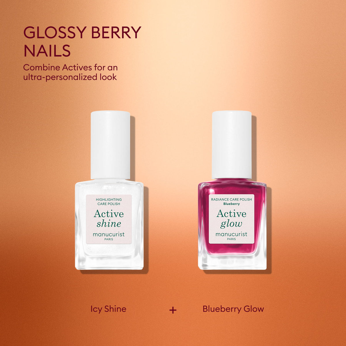 The Manucurist Active™ Travel-Size Duo features two bottles of nail polish—Active Shine and Active Glow—displayed on a peach gradient background, with text highlighting glossy berry nails and the ability to combine actives for a personalized manicure. This holiday nail polish gift set is the perfect addition to your nail care routine, offering radiant shine all season long.