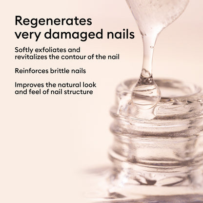 Close-up of S.O.S. Nail Strengthener by Manucurist being dispensed into an open bottle. Text reads: Regenerates very damaged nails, exfoliates, reinforces, and improves appearance—ideal for brittle nails.