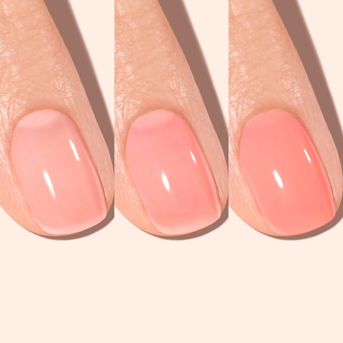 Three close-up images of a fingernail, each painted with increasing layers of sheer pink nail polish, showing color intensifying from left to right.