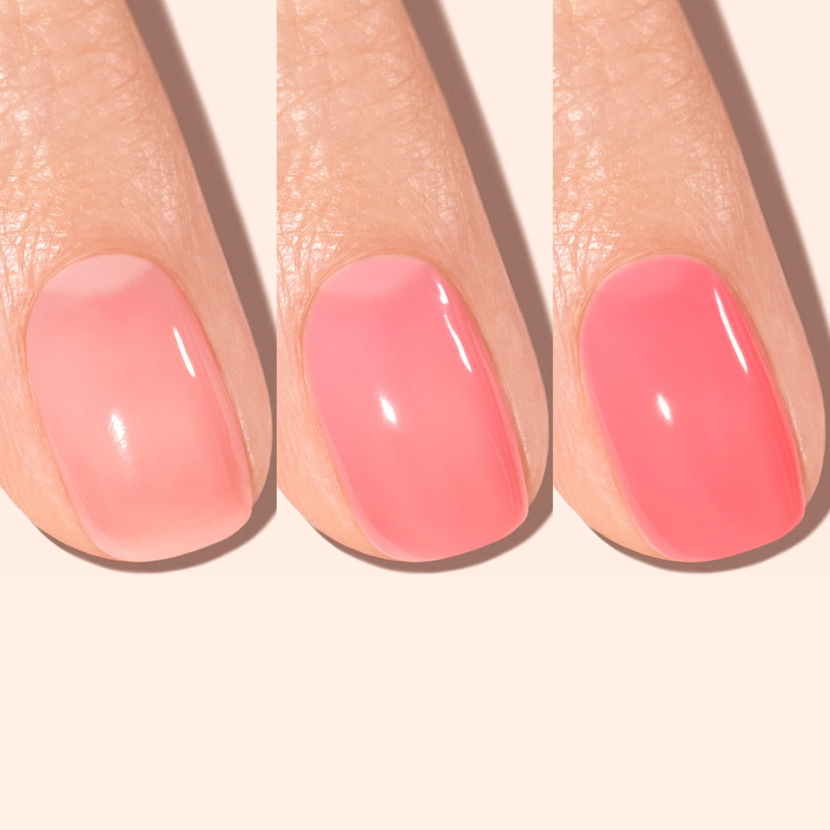 Three close-up images show a fingernail with increasing layers of pink nail polish, transitioning from sheer to opaque coverage.