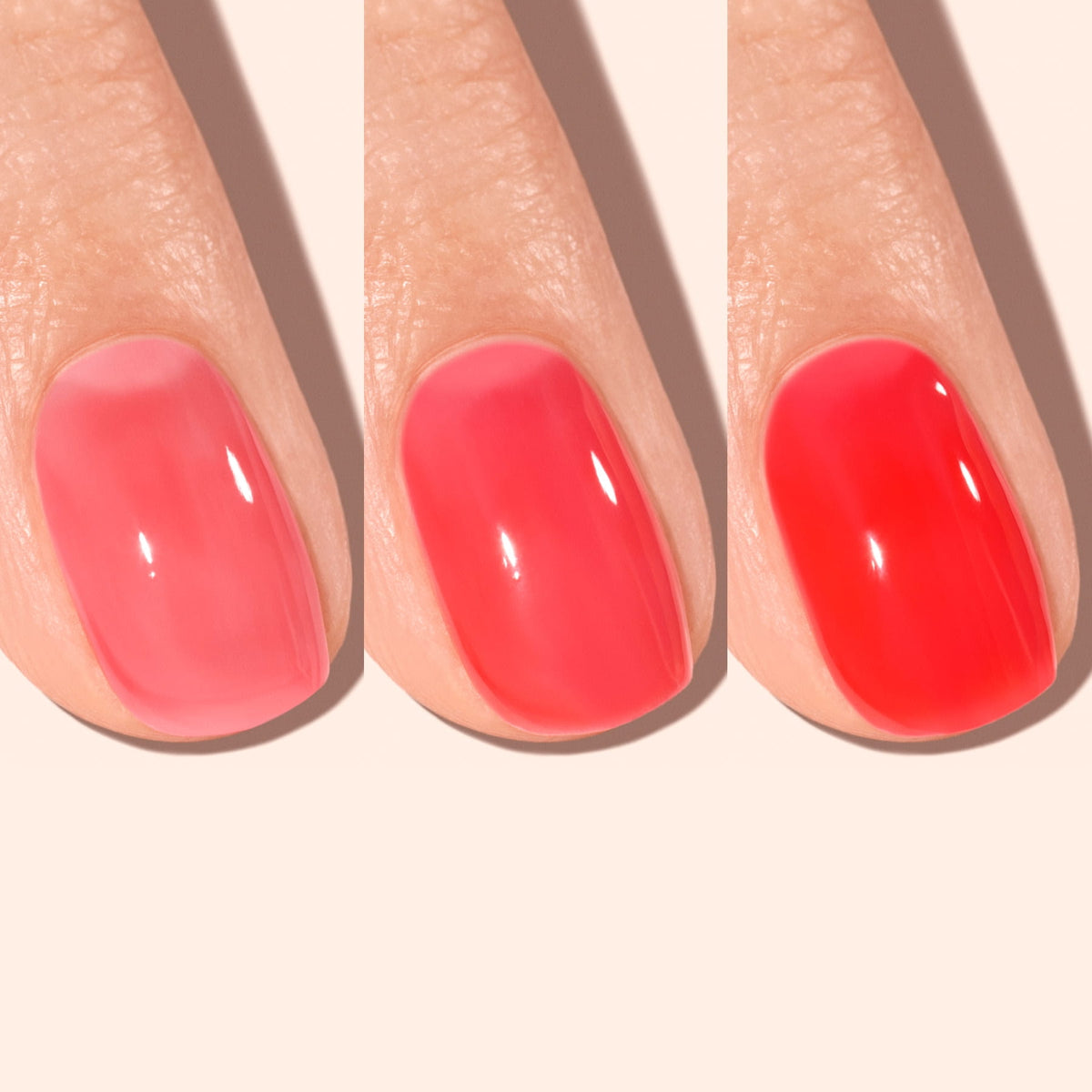 Three close-up images of a fingernail show progressive layers of red nail polish, from sheer in the first image to fully opaque in the last, demonstrating how color intensity increases with each coat.