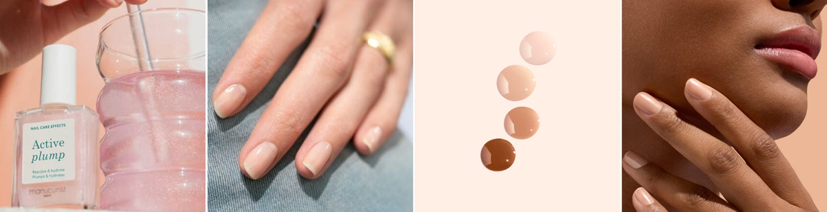 A collage showing a hand with nude nails by a glass and nail polish bottle, a close-up of manicured nails, four nude nail polish swatches, and a person’s hand with nude nails touching their face.