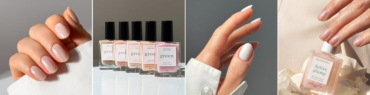 A hand with pale pink nails, five bottles of pale nail polish, a hand with light nails, and a hand holding a bottle labeled Active Plump are shown against neutral backgrounds.