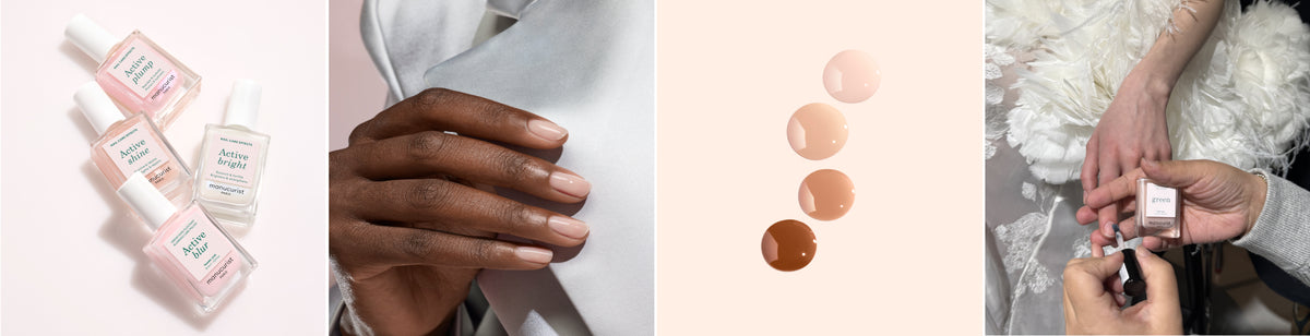 Four images show nail polish bottles, a hand with nude polished nails, four nude polish swatches, and a person applying nude nail polish to another persons nails.