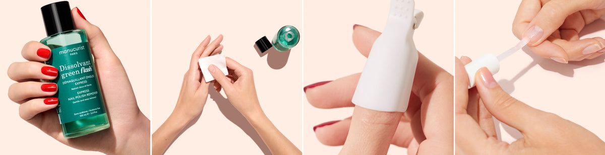 Four panels showing steps to remove gel nail polish: applying remover to cotton, placing cotton on nails, covering with a nail cap, and gently scraping polish off.