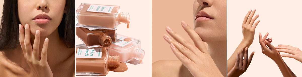 A collage shows close-ups of hands and faces with neutral nail polish, bottles of nude shades tipped and spilling, and hands gently touching against light backgrounds.