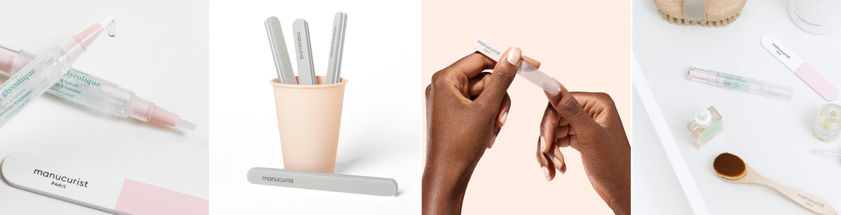 A collage showing nail care products: nail serums, nail files in a cup, someone filing their nails, and assorted manicure tools on a white surface.