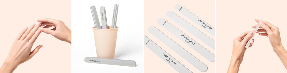 A collage showing hands using nail files, a cup holding multiple nail files, several nail files laid out, and a close-up of a hand filing nails. The files are labeled manucurist.