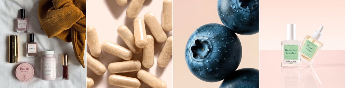 A collage with skincare products and makeup on fabric, beige supplement capsules, close-up of fresh blueberries, and two skincare serums on a light background.