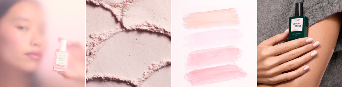 A collage with four panels: a woman holding a blurred pink skincare product, light pink powder texture, three swatches of pink makeup, and hands holding a green skincare bottle.