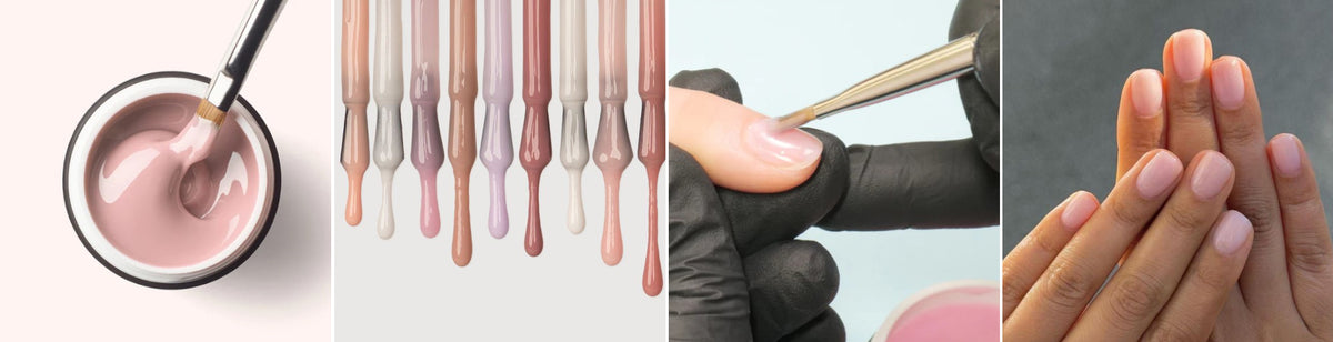 A collage showing a nail polish brush in a pink bottle, swatches of nude nail polishes, a person getting a manicure, and hands displaying neatly manicured natural nails.