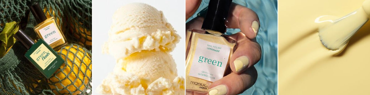 Four images: Two bottles of yellow nail polish on green netting with a pineapple, a scoop of yellow ice cream, a hand with yellow-painted nails holding nail polish, and a brush applying yellow polish on a surface.