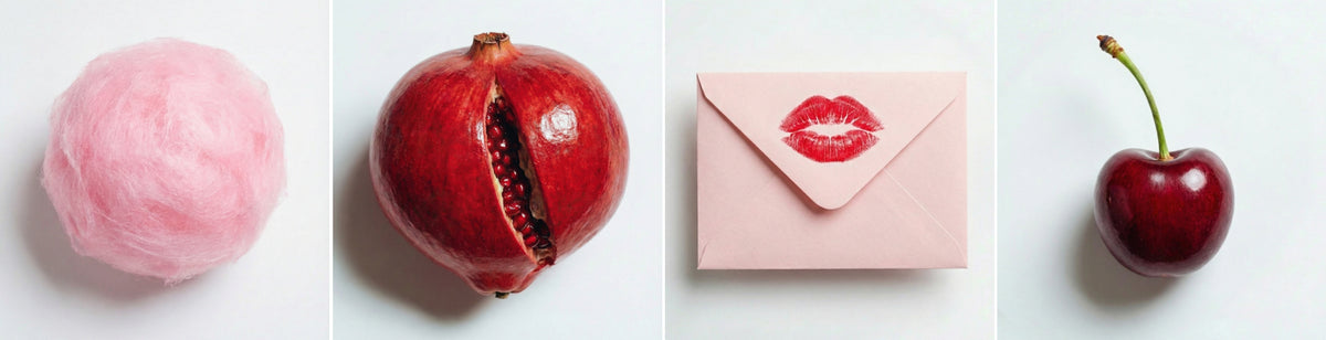 Four objects on a white background: pink cotton candy, a cracked pomegranate, a pink envelope with a red lipstick kiss mark, and a single cherry with stem.