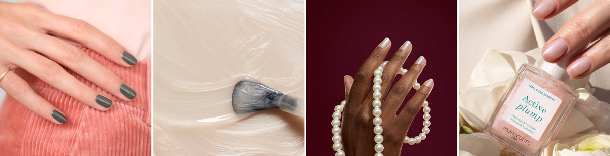 A collage of four images: painted nails in sage green; a brush spreading creamy nail product; manicured hand holding pearl necklaces; hand holding a pink nail polish bottle near white roses.