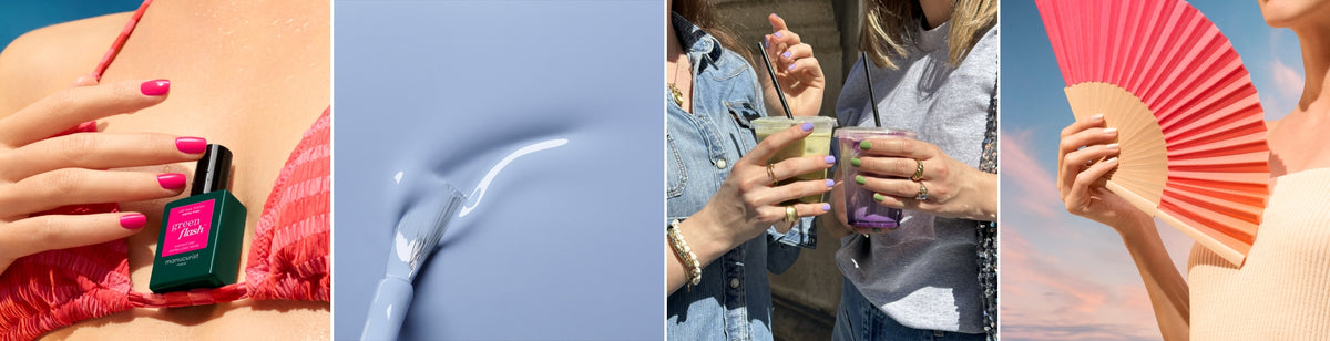 A collage showing: a person holding pink nail polish, a razor with shaving cream, two people clinking drinks, and a person holding a pink fan against the sky.