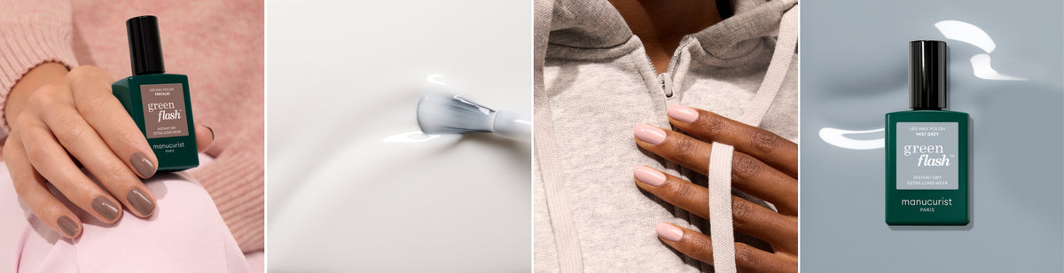 A collage of four images: a hand holding a green nail polish bottle, a brush applying clear polish, a close-up of manicured hands on a hoodie, and a green nail polish bottle against a gray background.
