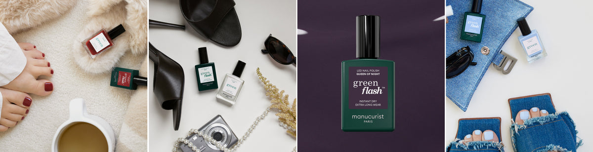 A collage showing bottles of nail polish in different settings: near feet and a mug, with black sandals, a close-up of a green bottle, and next to jeans, sunglasses, and denim sandals.