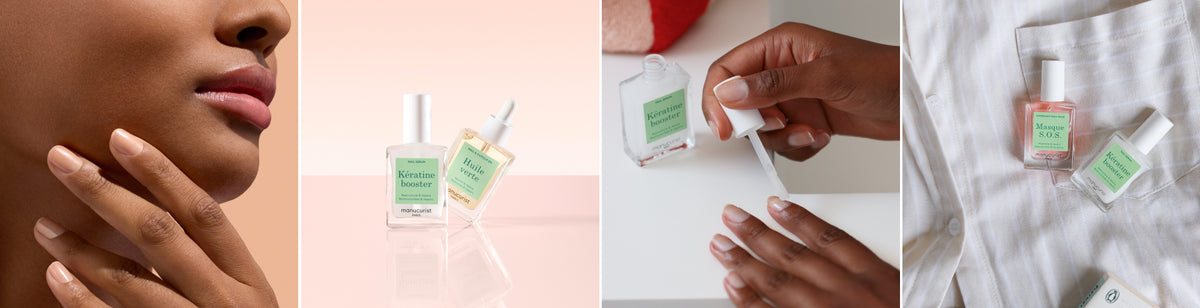 A collage of four images: a closeup of a womans chin and manicured nails, two nail care products, hands applying nail polish, and three nail care bottles on a white shirt.