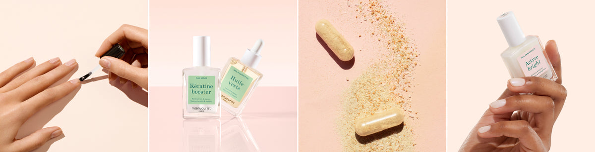 Four panels: a hand applying clear nail polish, two bottles of nail and cuticle serum, two yellow capsules on a powdery surface, and a hand holding a bottle of nail and cuticle serum against a peach background.