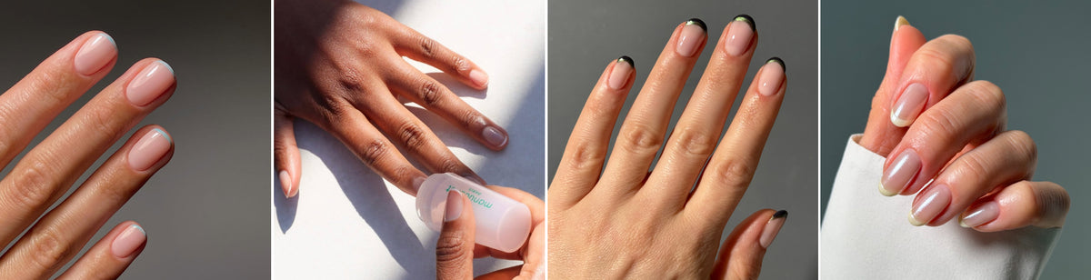 Four close-up images of hands with manicured nails: pale pink polish, applying clear polish to darker skin, natural nails with black French tips, and nails with a shiny light pink finish.