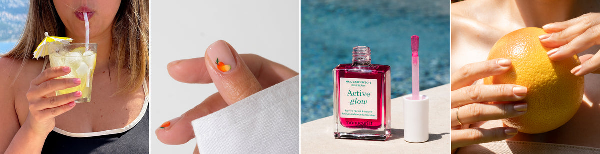 A collage of four images: a person sipping a lemonade, a close-up of a hand with fruit-themed nail art, a pink nail polish bottle and brush, and hands peeling a grapefruit.