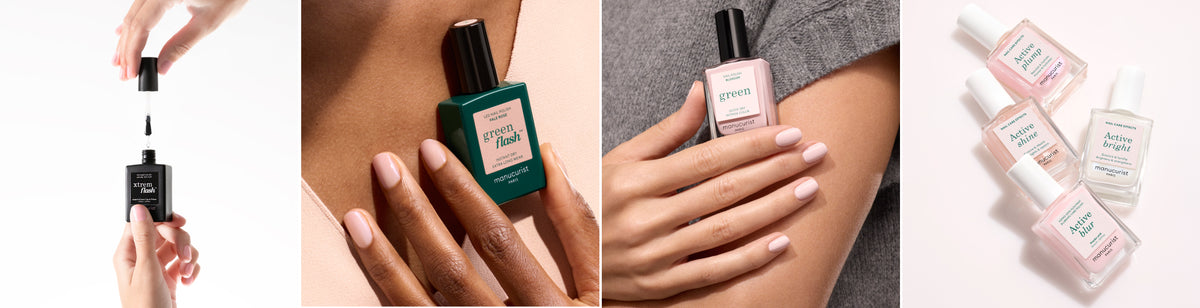 Four panels: applying black nail polish, holding a green perfume bottle, hand with light pink nail polish, and five bottles of pastel nail polishes arranged on a light surface.