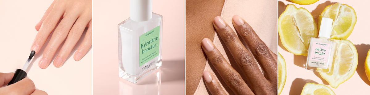 A collage of four images: a hand applying clear nail polish, a close-up of a bottle labeled “Restoring Basecoat,” a hand with manicured nails, and a bottle labeled “Active Bright” surrounded by lemon slices.