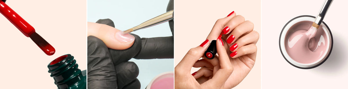 Four panels: red nail polish on a brush, a gloved hand applying polish to a fingernail, a hand showing red-painted nails, and a brush dipping into light pink polish in a jar.