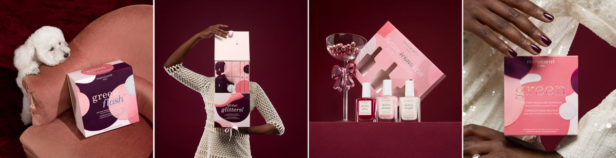 A collage of four images: a white dog on a pink chair beside a beauty box, a person holding stacked pink and purple boxes, nail polishes with a pink box and glass beads, and a hand displaying a “green” labeled nail product box.
