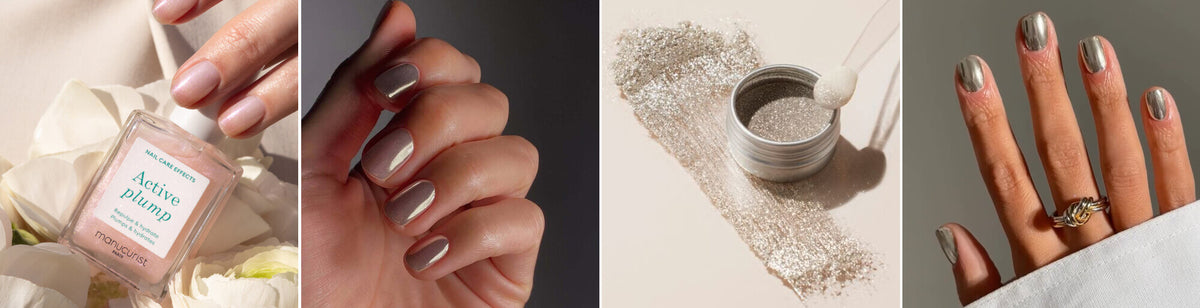 Four images: a hand holding a bottle of light pink nail polish, a close-up of a hand with metallic nude nails, a jar of silver nail powder with spilled powder, and a hand with shiny taupe manicured nails and rings.