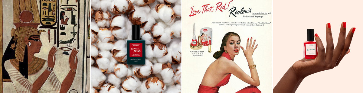 A collage showing: an ancient Egyptian painting of a woman, a bottle of red nail polish on cotton, a vintage nail polish ad with a woman, and a hand with red nails holding nail polish.