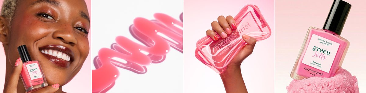 A smiling person holds a pink bottle labeled green jelly. Close-ups show pink gel texture, a hand holding a moisturist gel case, and the bottle beside pink powder on a soft pink background.