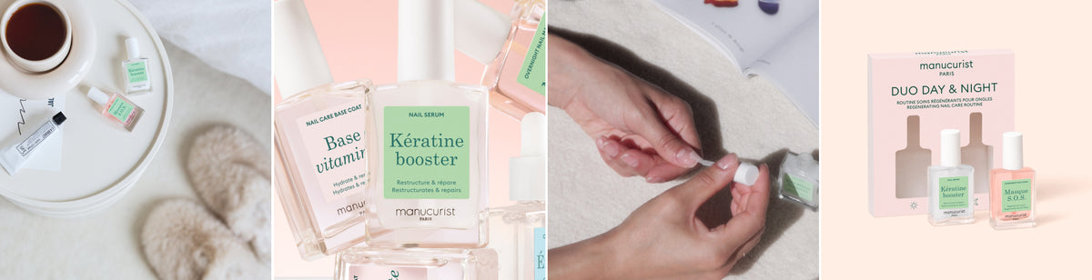 Four images show nail care products: bottles labeled Base vitaminée and Kératine booster on a white surface, hands applying nail treatment, and a DUO DAY  NIGHT nail serum set by Manucurist Paris.
