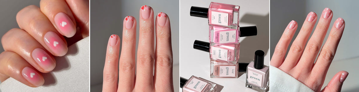 Four images: light pink nails with tiny white hearts, nude nails with small red hearts near the tips, four bottles of pink nail polish stacked, and plain light pink manicured nails with nail polish bottle nearby.