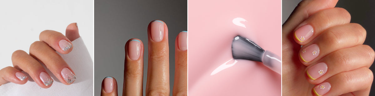 A collage of manicured hands showing four nail designs: glitter on nude polish, thin blue french tips, a nail being painted with clear polish, and nude nails with small floral art and yellow french tips.
