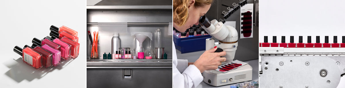 A collage showing: bottles of nail polish, lab equipment, a scientist examining samples under a microscope, and nail polish bottles on a conveyor belt.