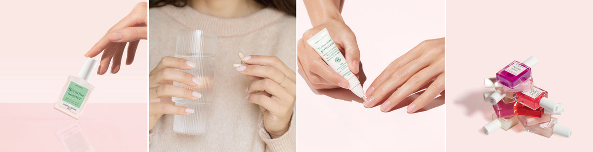 Four panels show: a hand holding a nail polish bottle, a woman holding a pill and a glass of water, hands applying cuticle cream, and several colorful nail polish bottles stacked together on a pink background.