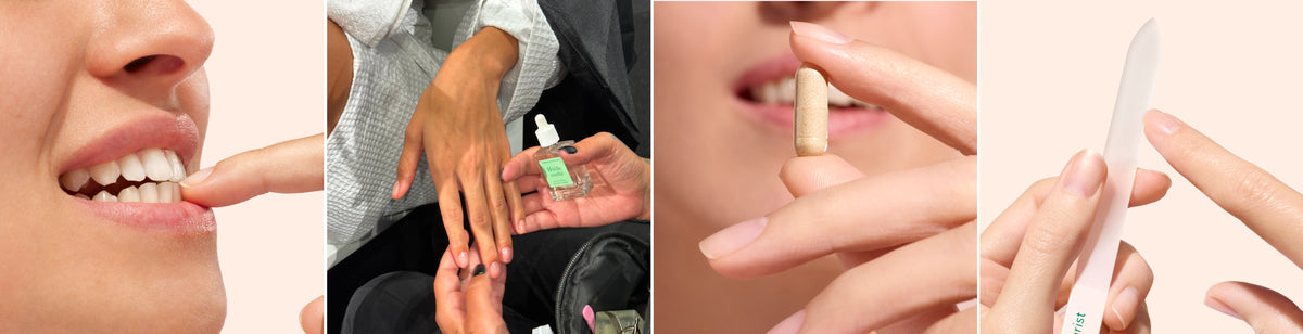 A collage shows: a woman biting her nail, a person receiving a manicure, a person with a bandage on their finger, and a hand filing nails with a nail file.