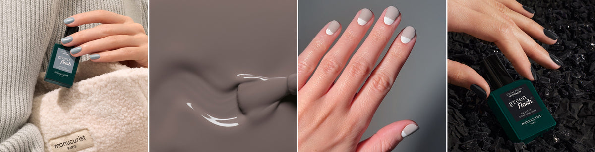 Four panels show: a hand holding green nail polish, grey nail polish being poured, a hand with grey nails and white tips, and a hand holding the same green nail polish among black crystals.