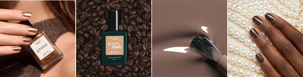 Four-panel image showing: a hand holding a brown nail polish bottle, a nail polish bottle on coffee beans, a brush applying brown polish, and manicured nails on a pearl surface.